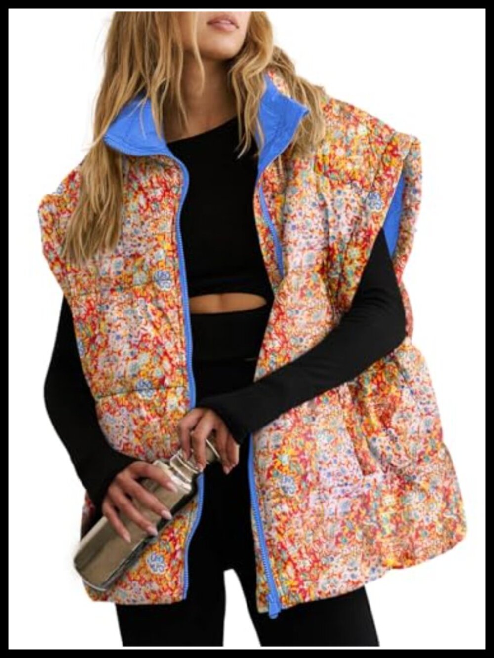 Womens Oversized Floral Quilted Puffer Vest Zip Up Gilet